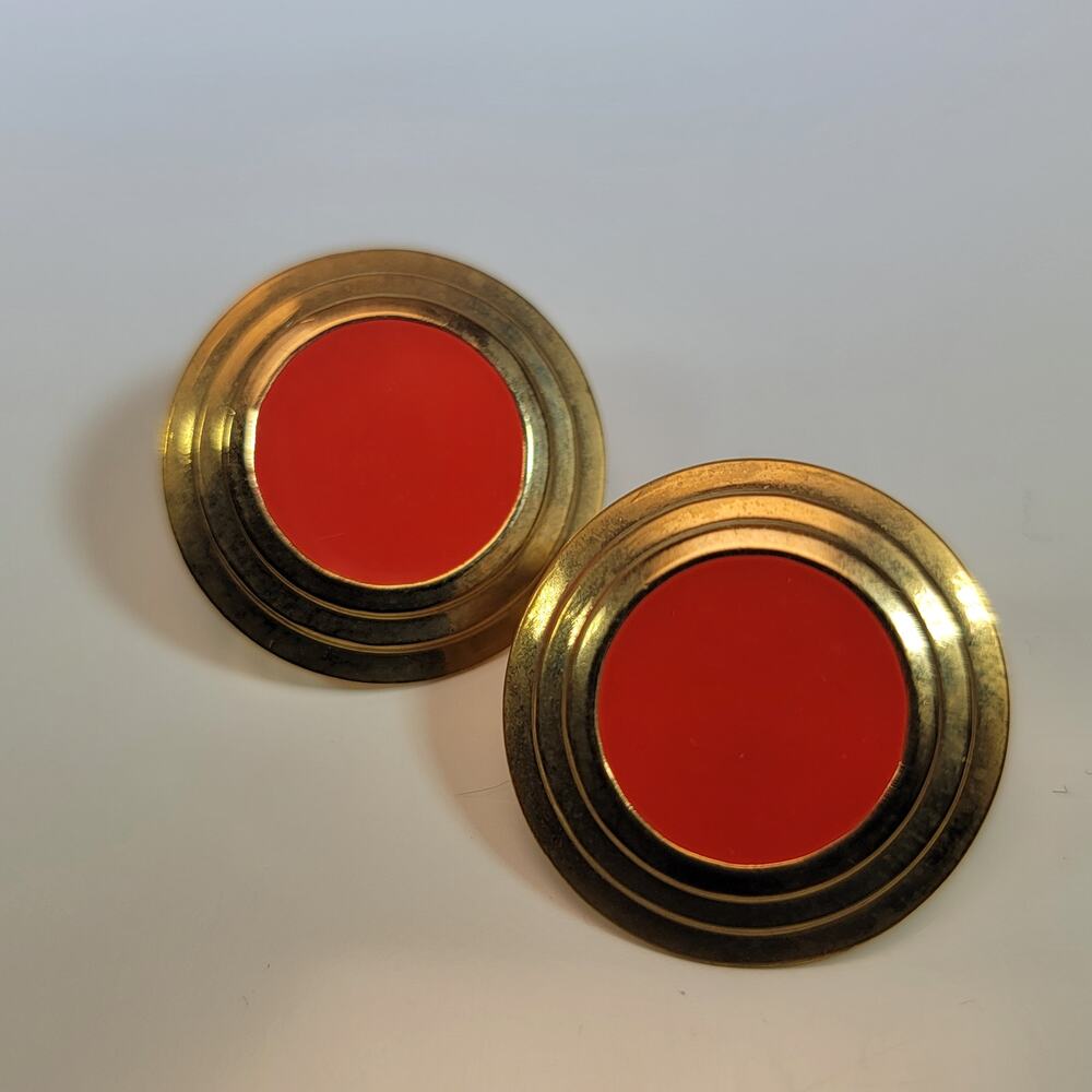 Retro Brass and Red Enamel Circular Earrings, Bold Statement, Vintage Design
